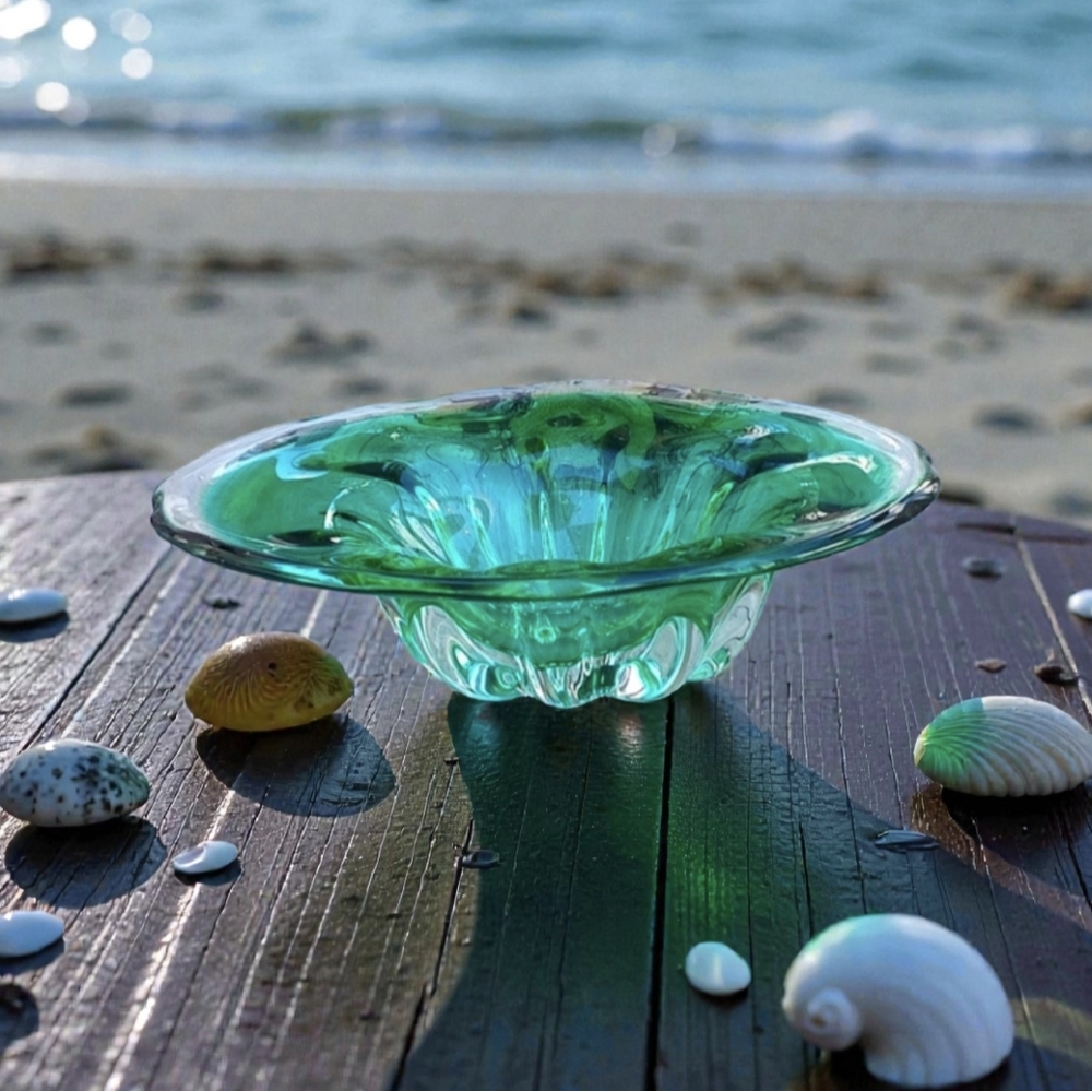 Mid Century Modernist  Art Glass Emerald Green Clear Freeform Bowl